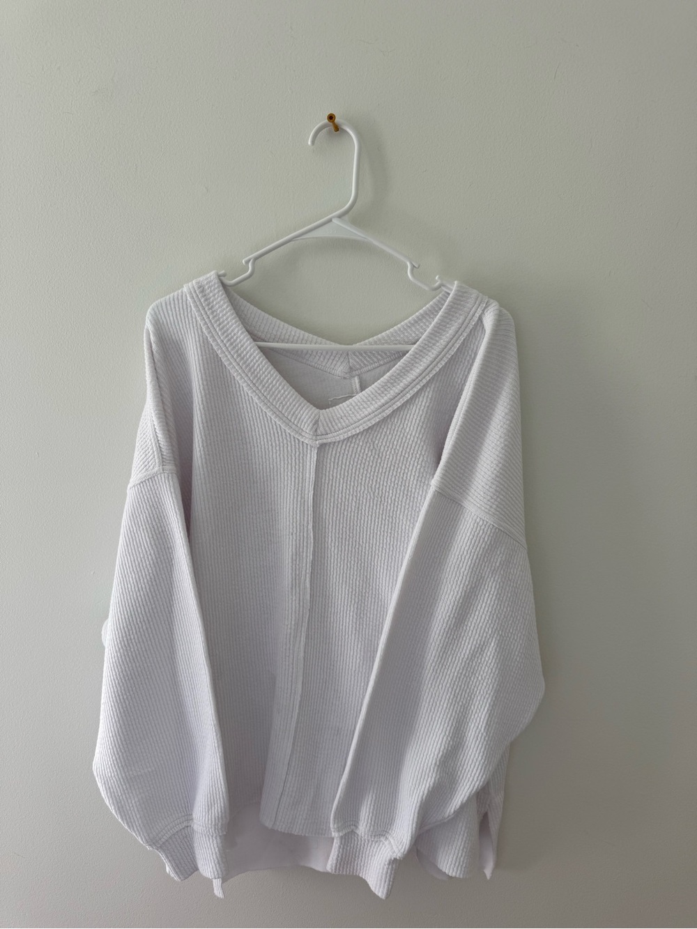 Aerie White V-Neck Waffle Knit Oversized Sweater
